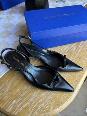 Stuart Weitzman Tully 50 mm black slingback pumps shoes size 6.5/37 kitten heel